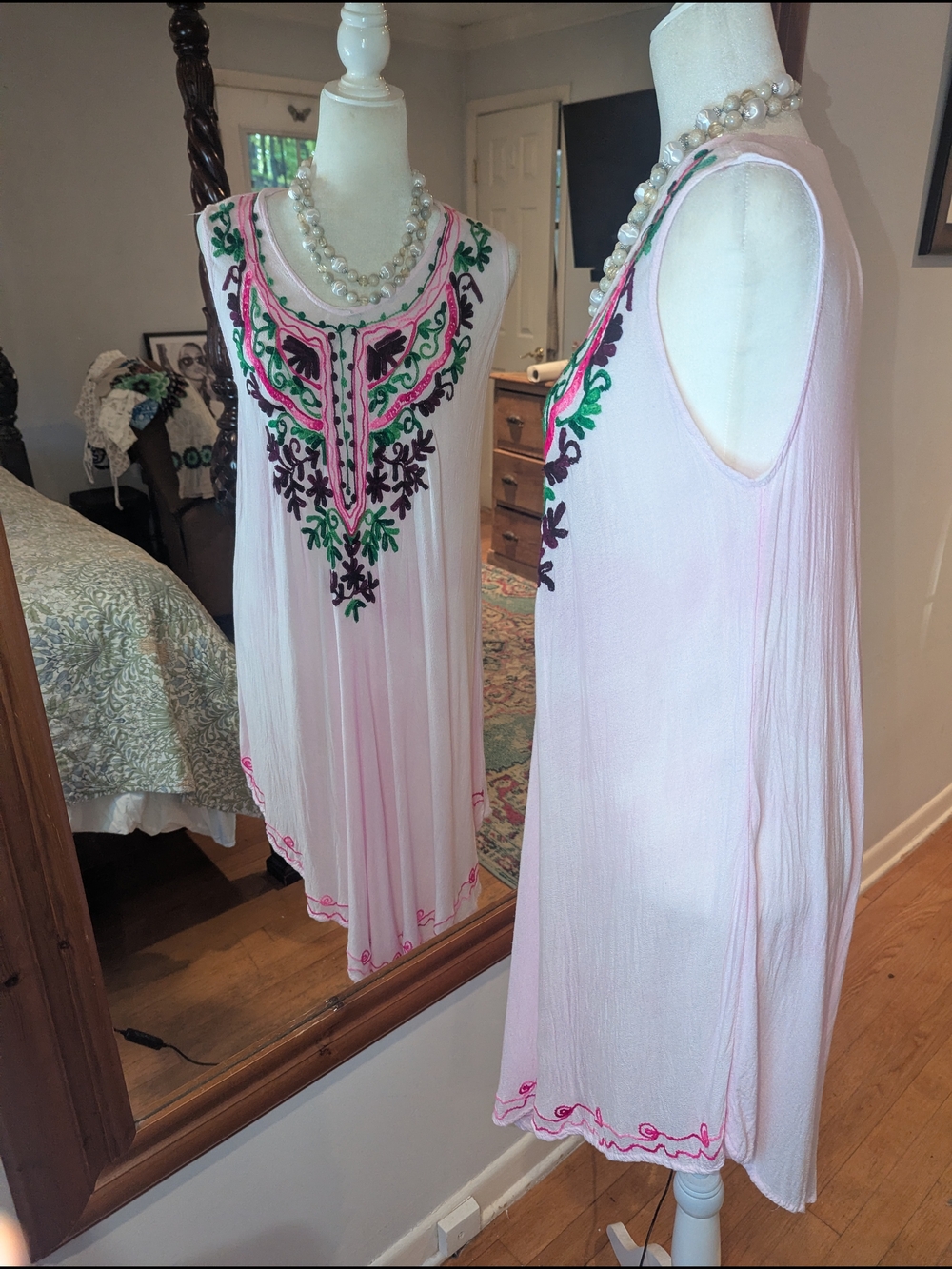 Embroidered Sleeveless Pink Tunic Coverup Spring Summer Dress - Picture 3 of 8